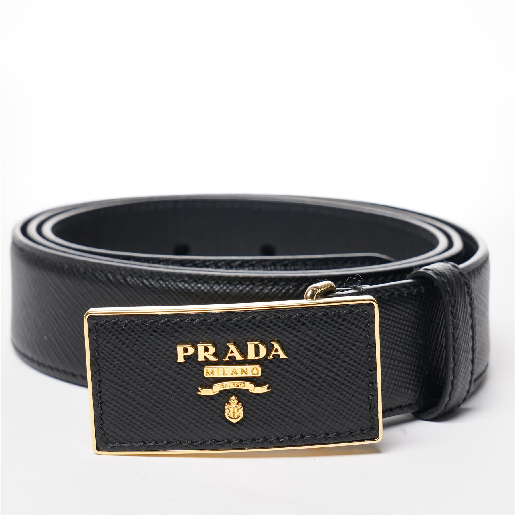 Prada - black Saffiano leather belt with gold-tone hardware logo buckle, size 36/90, with original dust bag