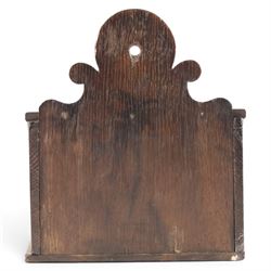 19th oak candle box, of rectangular form with hinged lid, the front with inlaid heart decoration, H25cm  