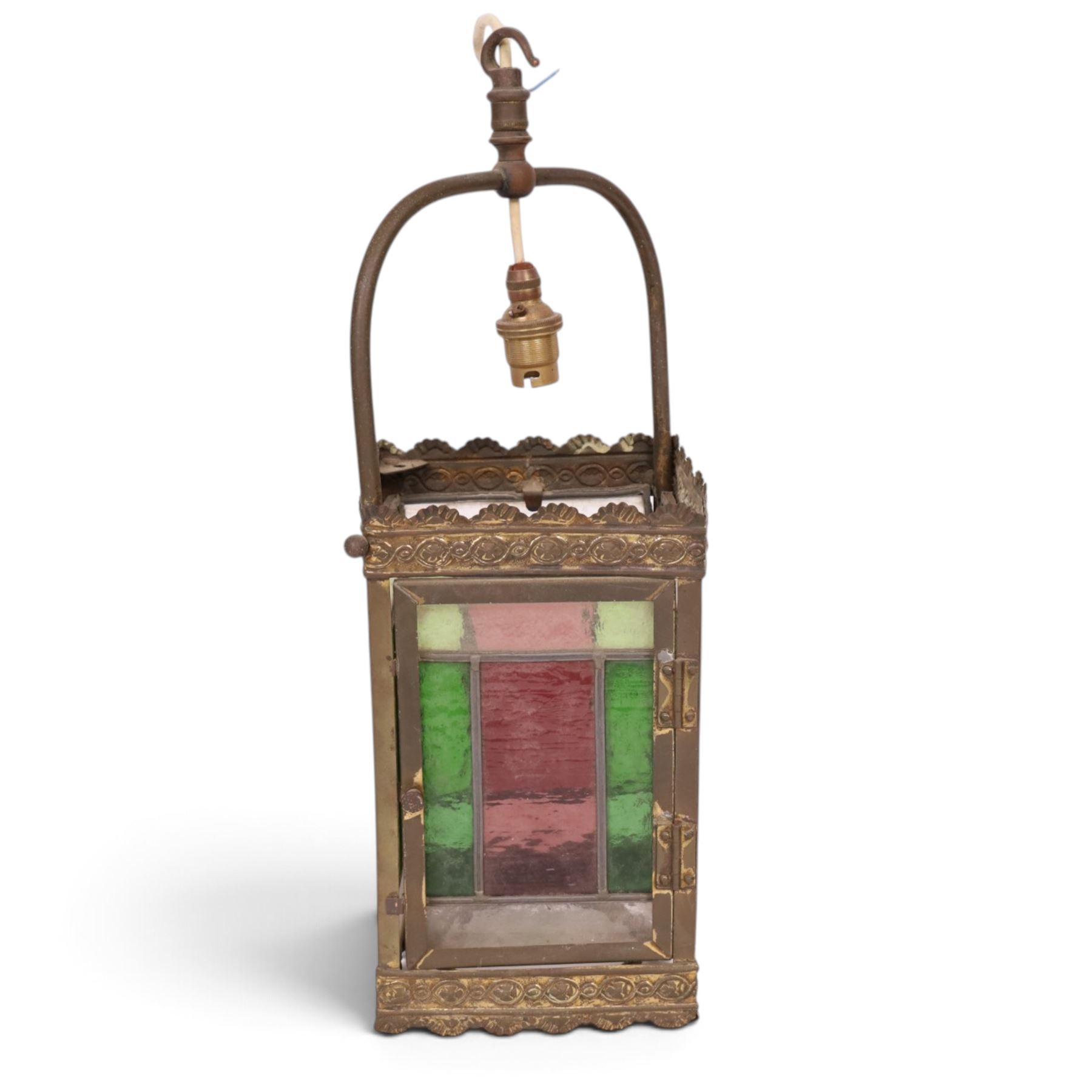 Victorian brass and stained glass hall lantern, H47cm