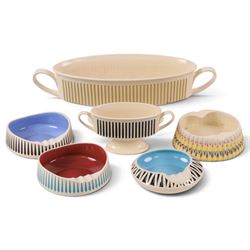 John Clappison for Hornsea pottery, four ashtrays and two twin handled vases, each with br...