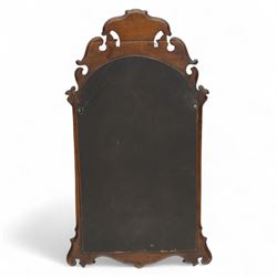 Three-piece mixed furniture lot, comprising an Edwardian mahogany occasional table with inlaid border and under-tier (H 70cm, W 54cm, D 38cm), a French parquetry corner cabinet with ormolu mounts (H 83cm, W 50cm, D 29cm), and a shaped walnut framed wall mirror with scroll cresting (H 75cm, W 43cm)