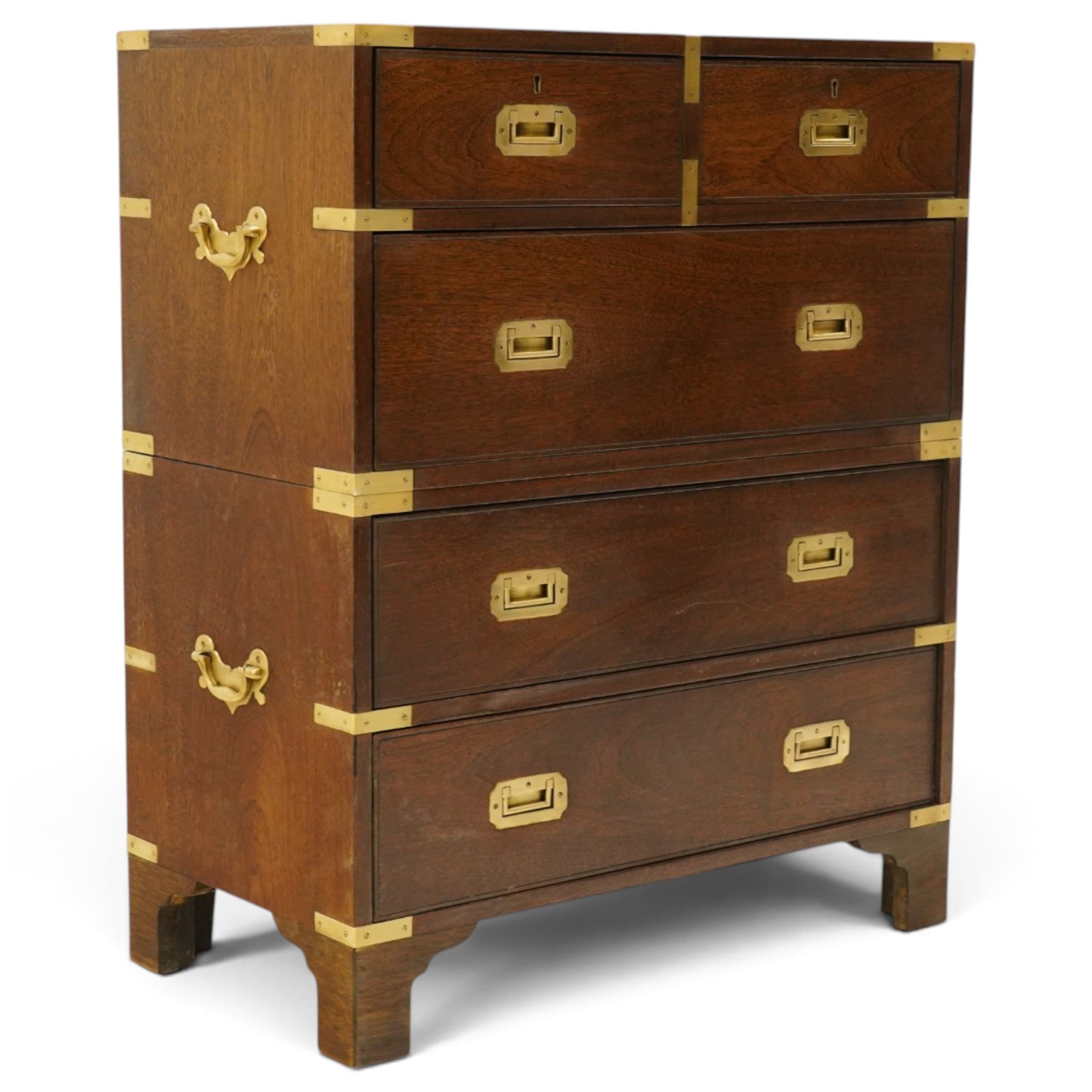 Georgian design mahogany military campaign style chest with central division, the rectangular top with inset brass corner caps, the top section fitted with two short over one long drawer with twin carrying handles to the sides and inset brass handles to the drawers, the base with two long drawers over bracket feet