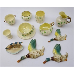  Belleek tea wares decorated in the shamrock pattern, including first period 2nd marks and later, set of three Beswick style Mallard wall plaques & Beswick Mallard pin dish (12)  