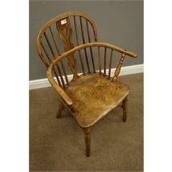  19th century Yew and elm Windsor armchair, turned supports with crinoline stretcher,  