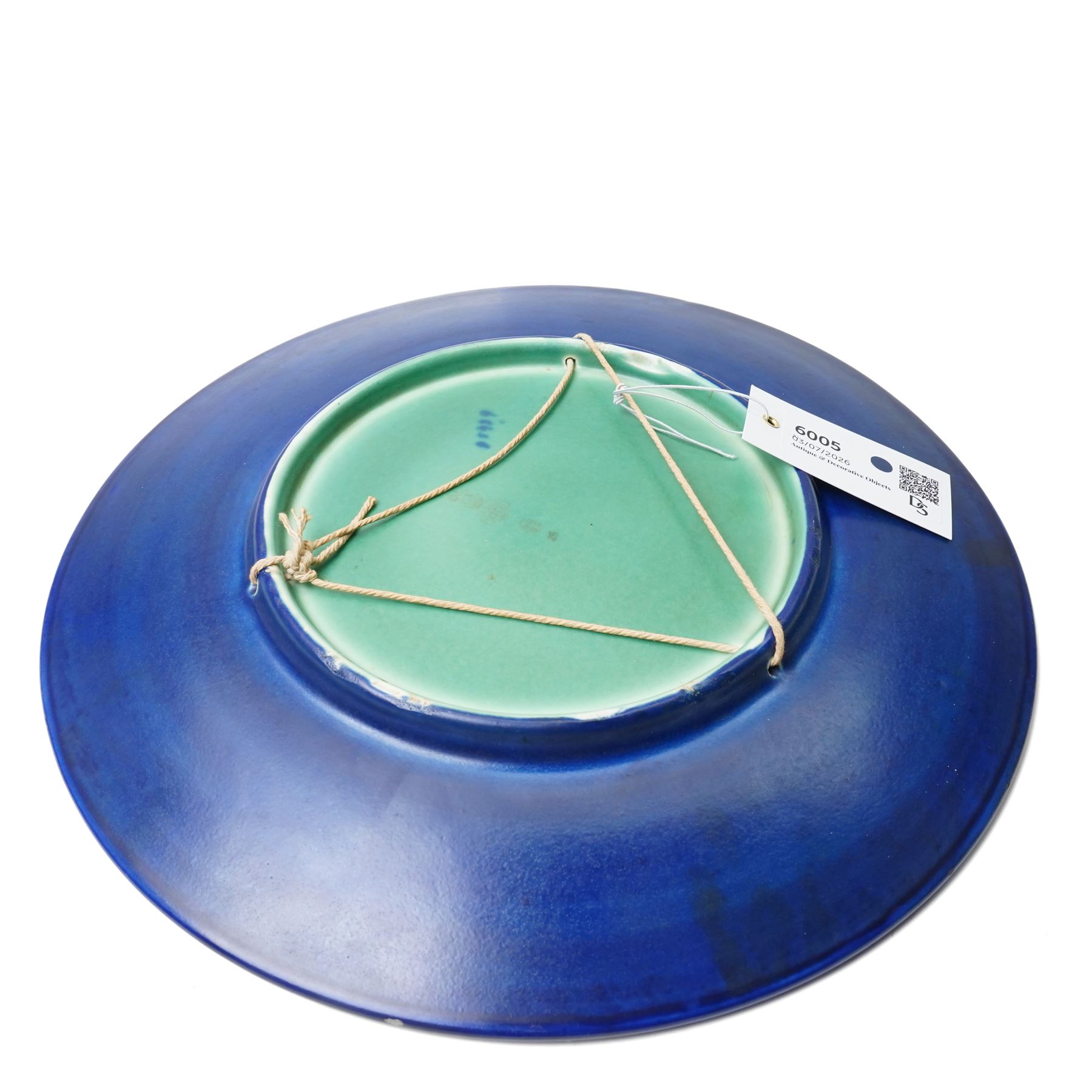 Royal Doulton charger, c1920s, designed by Reco Capey, with scrolling feather decoration, printed and painted marks to base D34cm 