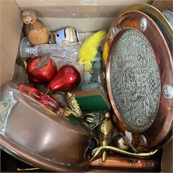 Hallmarked silver collared glass ribbed jar, large circular copper tray table top, three smaller brass and copper trays, brass and copper warming pan, 1930-40s oak wall barometer in Art Deco style, Rototherm, British Made Instrument SB, brass animal figures, Vishnu figure, treen etc