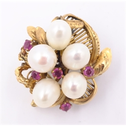  Ruby and pearl gold flower brooch tested to 14ct  