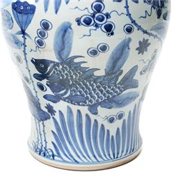 Pair of Chinese blue and white jars and covers, of baluster form, hand painted with fish and foliage, H50cm