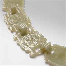 Chinese carved greenstone belt, each link carved with symbols, W108cm 