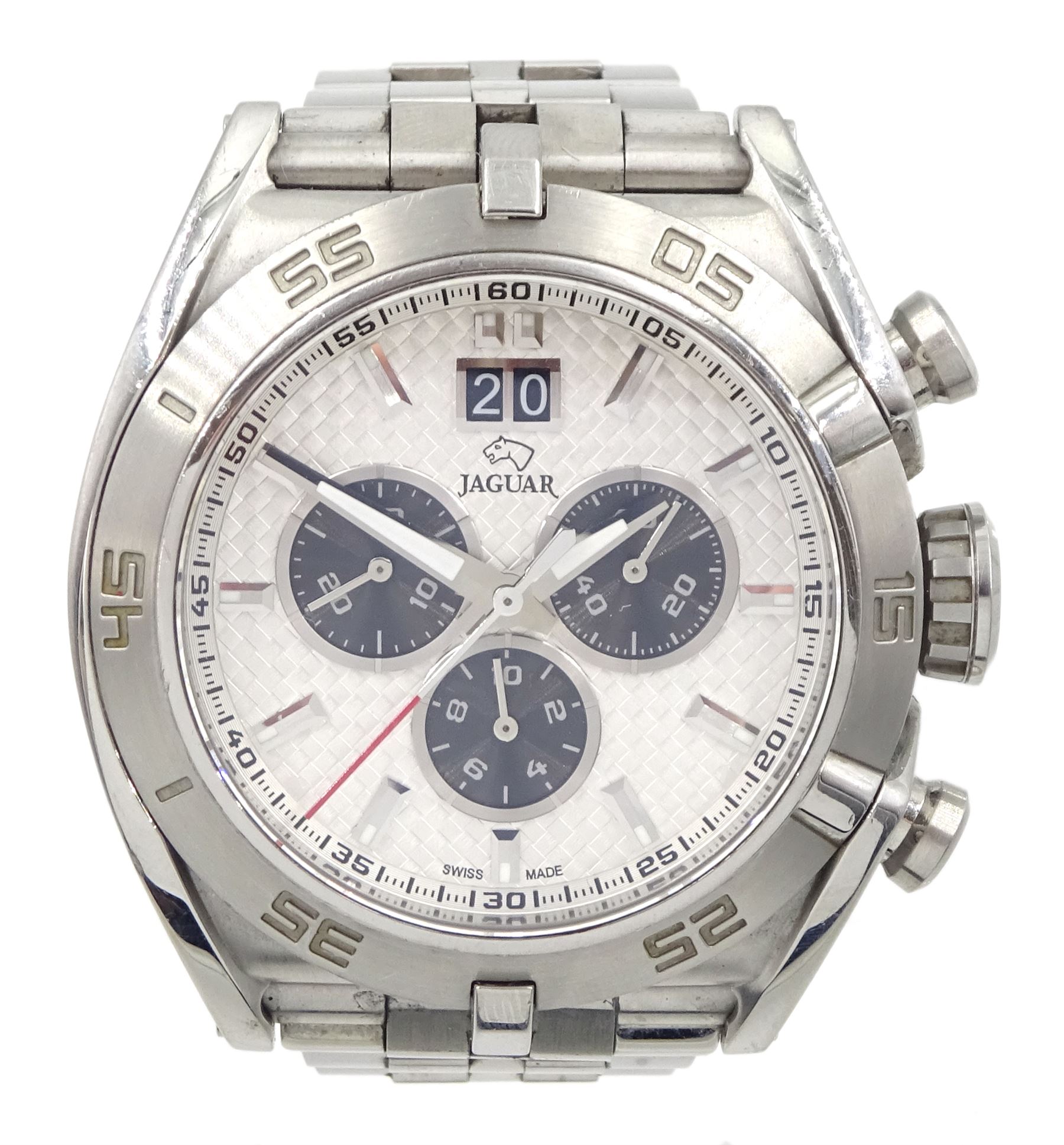 Jaguar gentleman's stainless steel chronograph quartz limited edition wristwatch, Ref. J654, silvered dial with triple register recording hours, minutes and continuous seconds and date aperture, on original stainless steel strap, with fold-over clasp