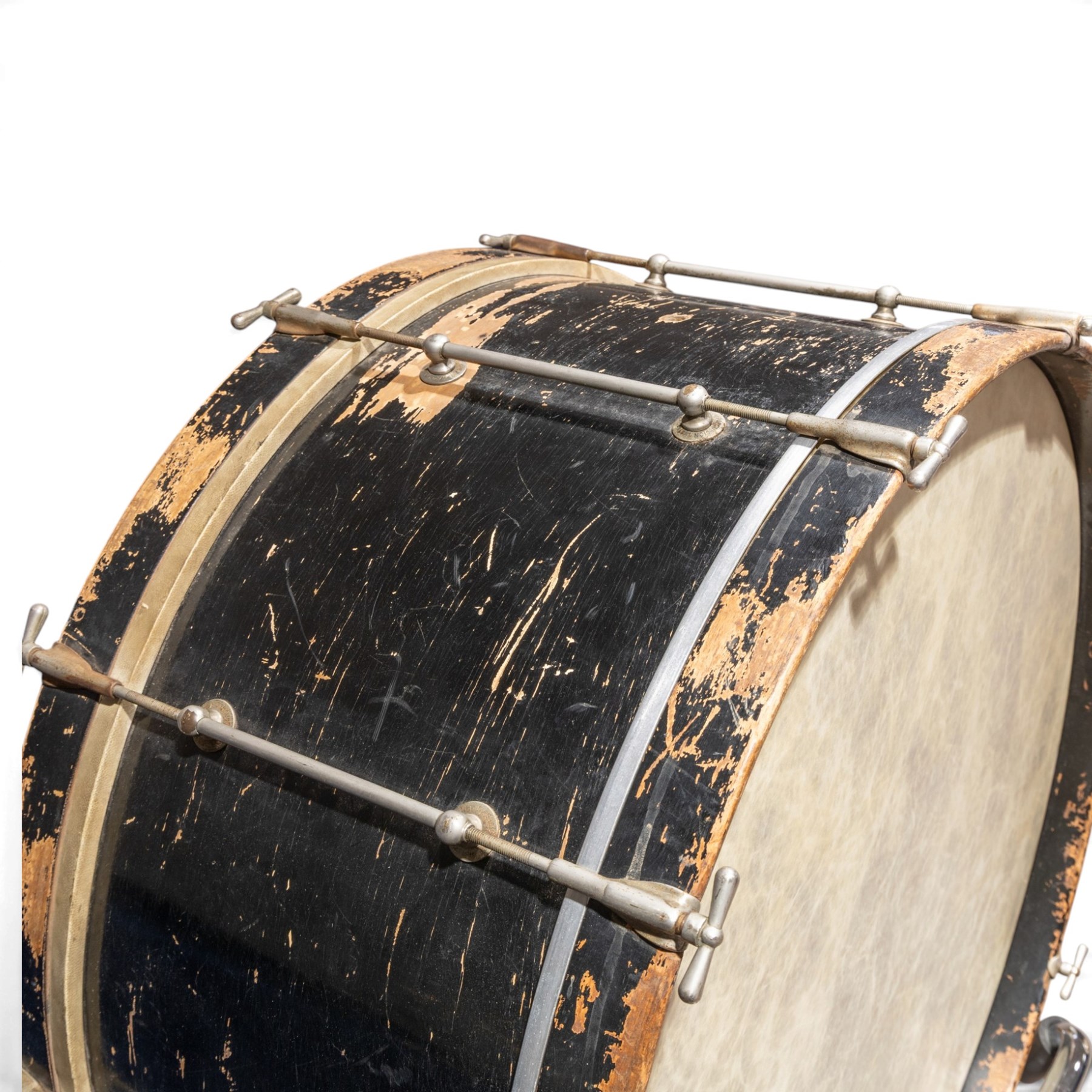 1930s Carlton Standard large concert bass drum, with Remo Fiberskyn 2 head, wooden shell and metal tension rods, on chrome cradle stand, with black hard carry case, D69cm