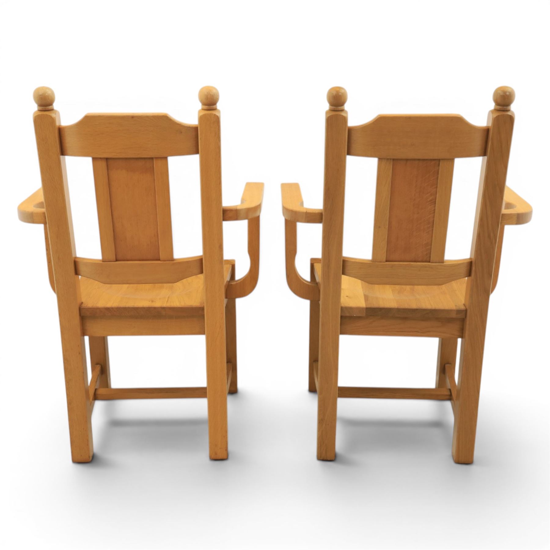 Contemporary solid oak dining table, and set of eight chairs, rectangular plank top with chamfered edges, raised on square supports