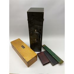 WW2 American Fairchild F-71 binocular magnifying telescope, in green painted wooden carrying box with instruction leaflet L48cm; WW2 Air Ministry Astro Compass Mk.II Ref. 6A/1174(0); Zenith Projection & Camera Lucida Attachment RA-6, boxed with instructions and 1977 purchase invoice; two cased sets of drawing instruments; and a boxed Faber slide rule (6)