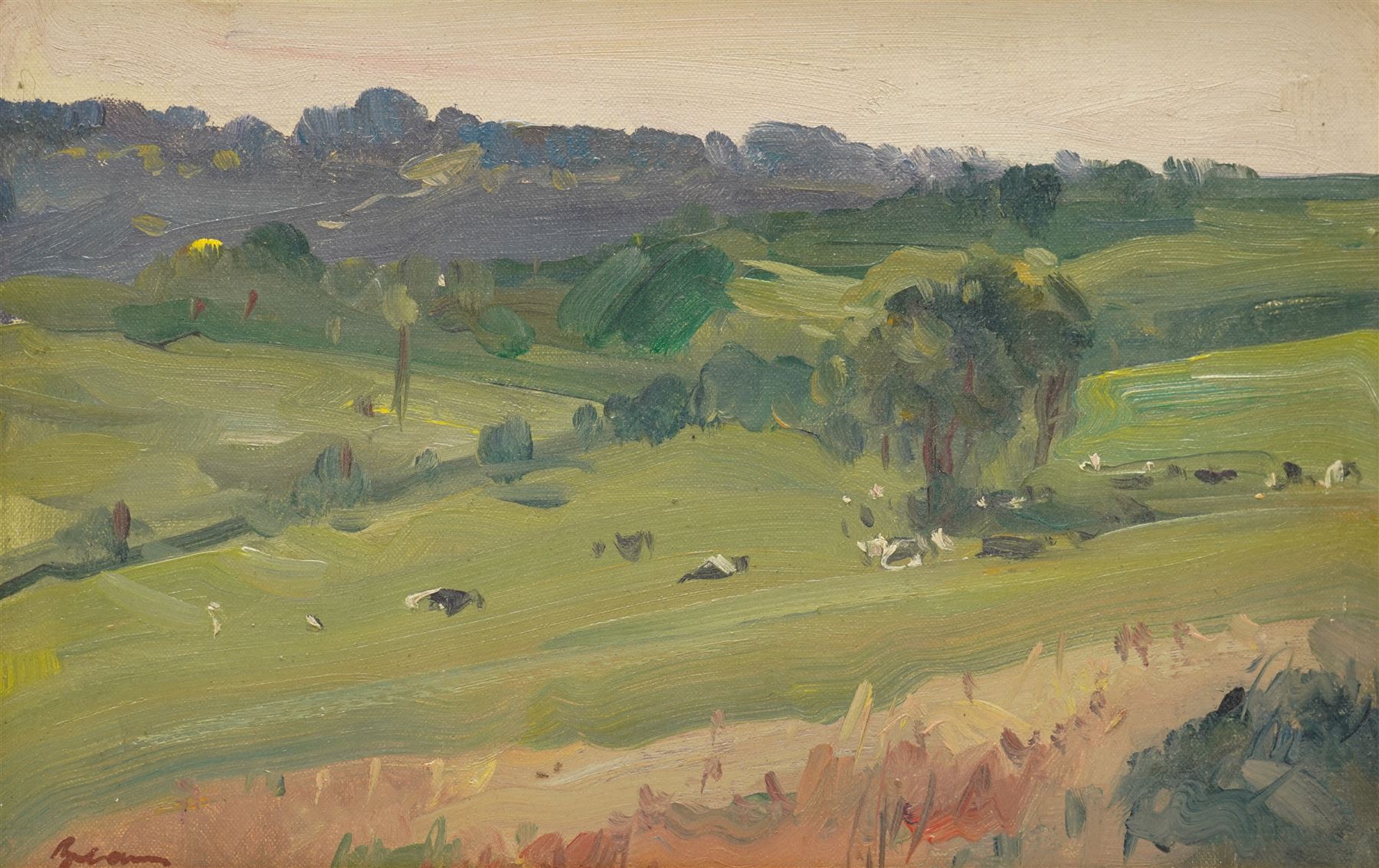 Manner of Mark Senior (British 1862-1927): View of Cows in a Field, oil on board indistinctly signed 19cm x 29.5cm 
