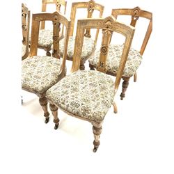 Set six late Victorian oak spoon back dining chairs, tapestry seats