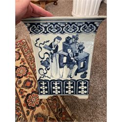 19th century Chinese blue and white planter and stand, each of square slightly tapering and flared form, the planter decorated with figures and precious objects between stylised foliate borders, the stand decorated with landscapes beneath a lipped rim with cell band, planter H28cm D25.5cm, stand H7cm D26cm
