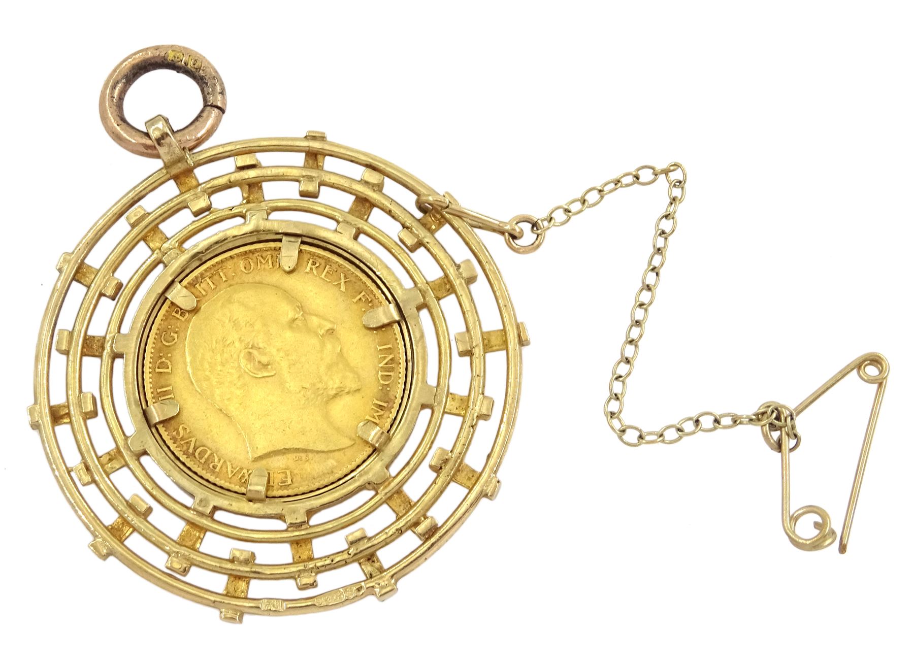King Edward VII 1905 gold half sovereign coin, loose mounted in 9ct gold pendant, hallmarked