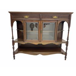 Late Victorian walnut sideboard, rectangular moulded top over two drawers, double cupboard enclosed by two bevel glazed doors, turned supports