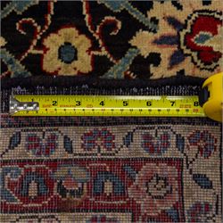 North West Persian Hamadan hand-knotted runner, deep navy field with central stylized medallion with pendants, surrounded by angular floral motifs, within an ivory border of repeating rosettes and stylized leaves, enclosed by guard stripes, fringe ends 