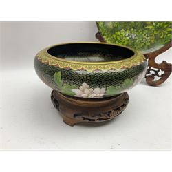 Pair of modern cloisonne ginger jars having floral decoration with a green ground, with hardwood stands, together with a similar plate and a bowl decorated with birds and flowers  