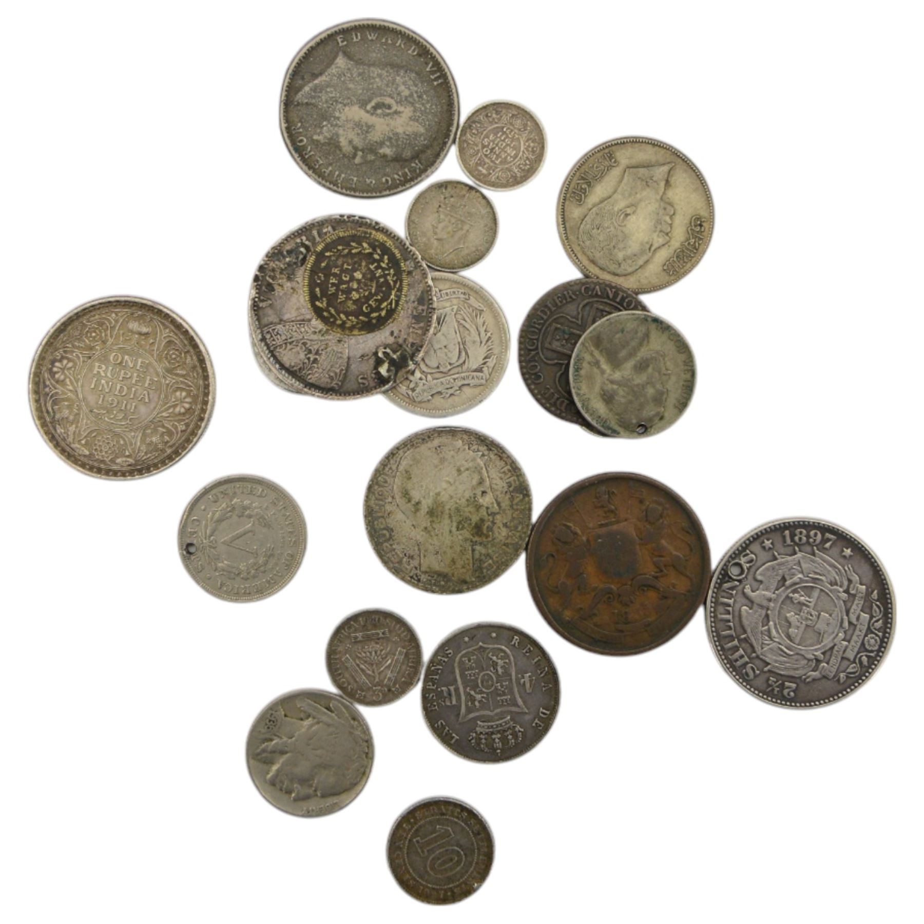 Approximately 50 grams of pre 1920 and approximately 47 grams of pre 1947 Great British silver coins, King George V India 1911 one rupee, South Africa 1897 two and a half shillings (holed) and other coinage