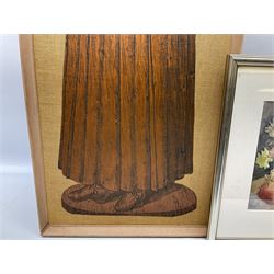 Jean Jones (Irish 20th century): 'Apples and Flowers', watercolour signed and dated 2001 together with brass rubbing of Jane Coningsbie (d.1608) from the Church of Saint Margaret at Felbrigg Norfolk max 104cm x 39cm (2)