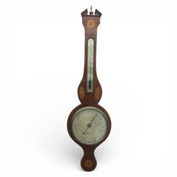 John Fiora- Nottingham, George III mahogany and inlaid wheel barometer, with a circular silvered brass dial, and spirit thermometer, shaped case with swan neck pediment surmounted by a brass finial, shell and floral paterae inlay, and boxwood stringing, U-shaped glass tube damaged/incomplete 
