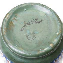 Thomas Forrester & Son Trogon Ware vase, c1920-1930, of baluster form with bulbous neck, painted with a band of peacocks, signed, H21cm; together with a pair of vases designed by James Plant, signed to base, H19cm, a Herman August Kahler (Danish 1846-1917) vase, of elongated form, signed to base, H29cm, and two further vases (6)