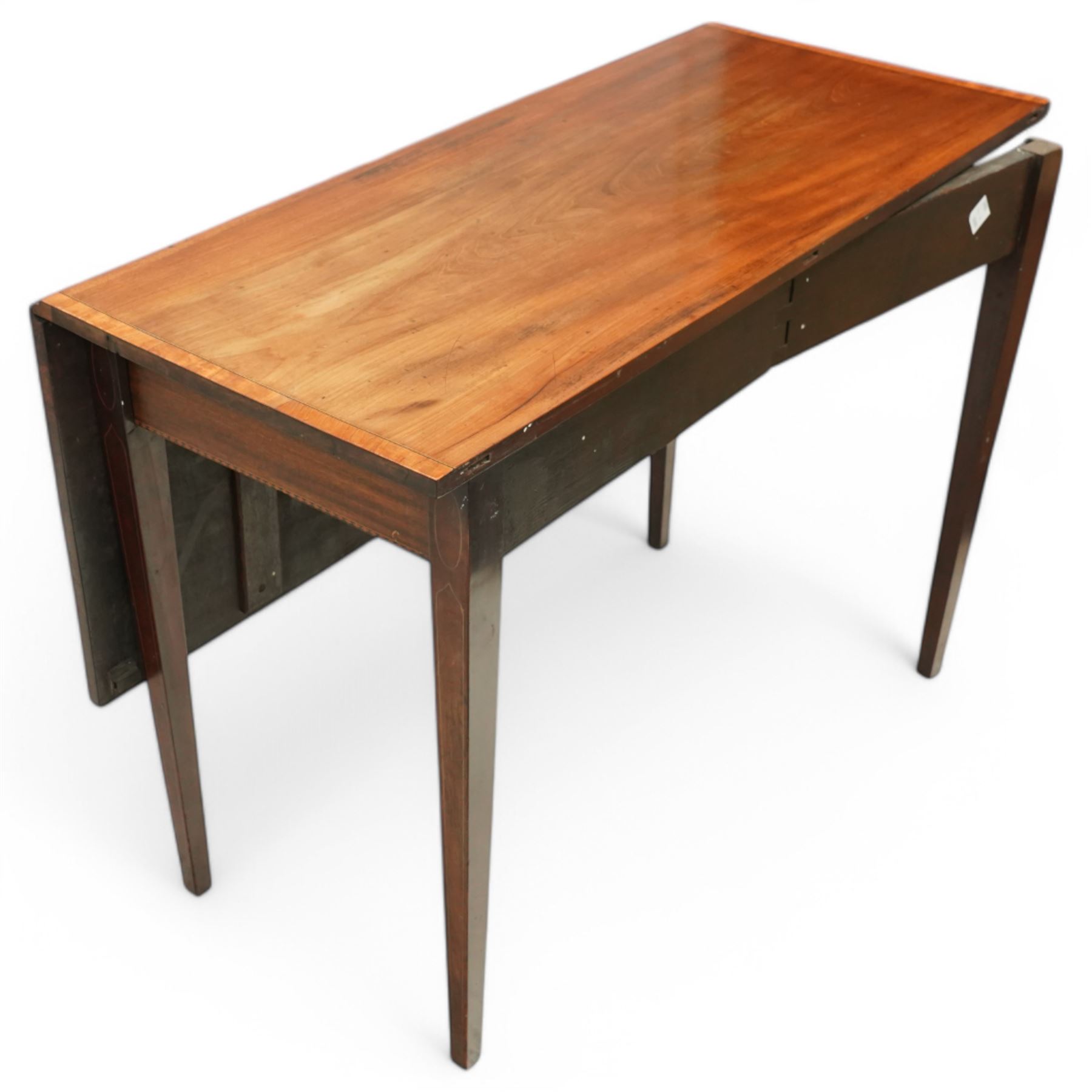 George III and later mahogany extending dining table, two D-ends, central drop-leaf table and loose leaf, satinwood banded tops, on square tapering supports with boxwood stringing