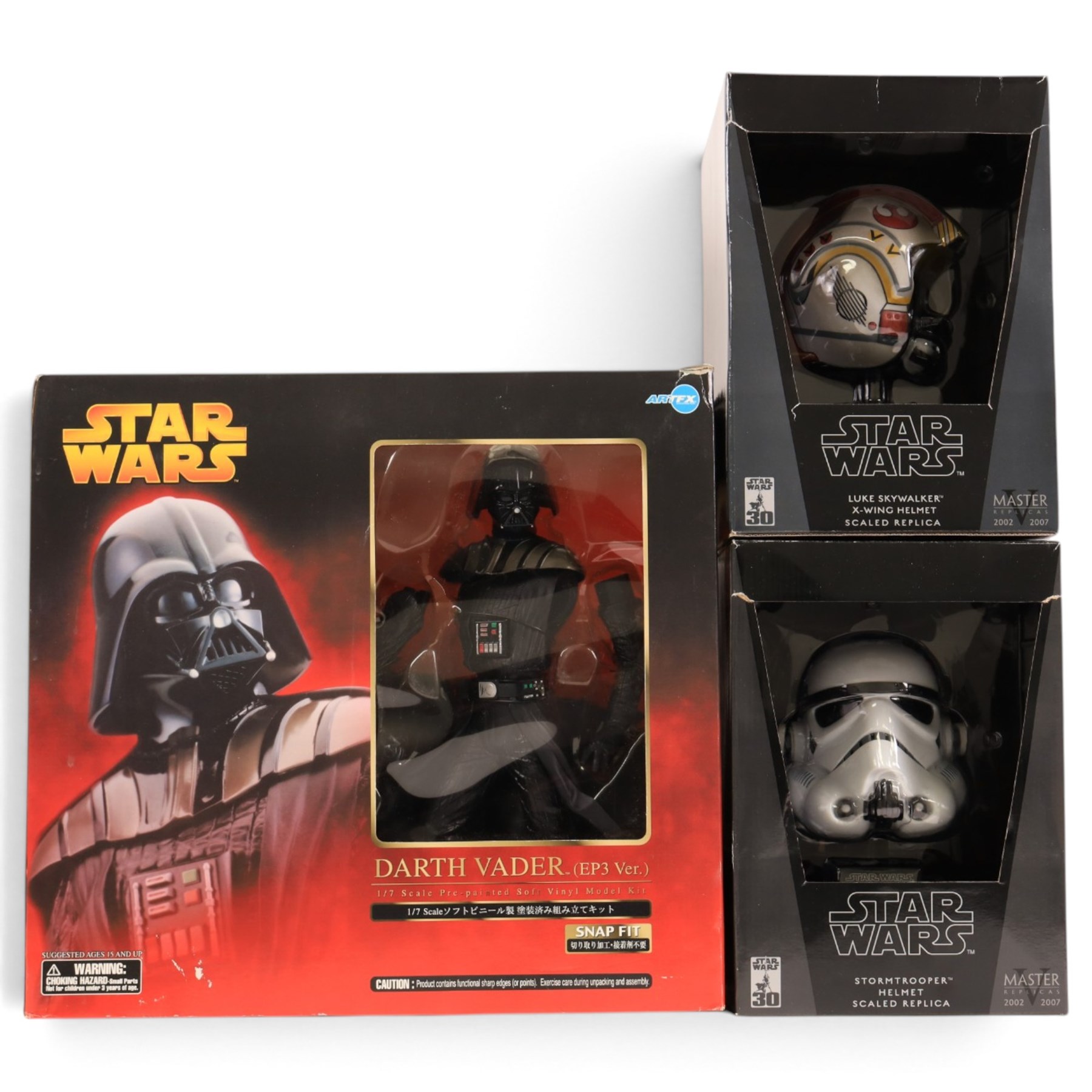 Kotobukiya ARTFX Star Wars Darth Vader EP3 version 1:7 scale pre-painted soft vinyl model kit snap fit model kit, together with two Master Replicas Star Wars scaled replica helmets, Luke Skywalker X-Wing and Stormtrooper, all boxed (3)