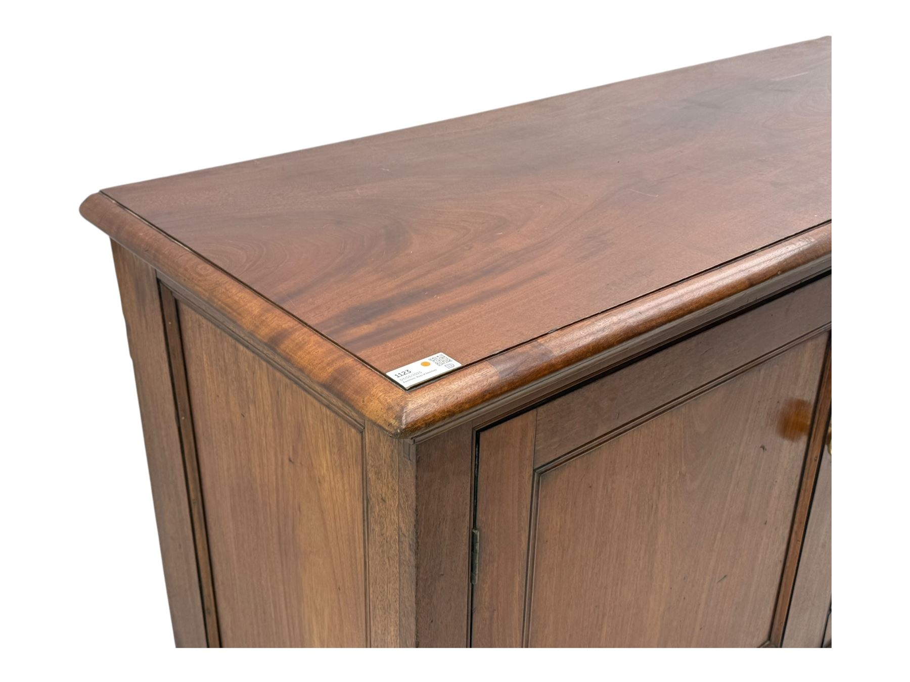 Victorian mahogany cupboard, plain rectangular top above two fielded panel doors opening to shelved interior, raised on a moulded plinth base, with later replacement knob handles