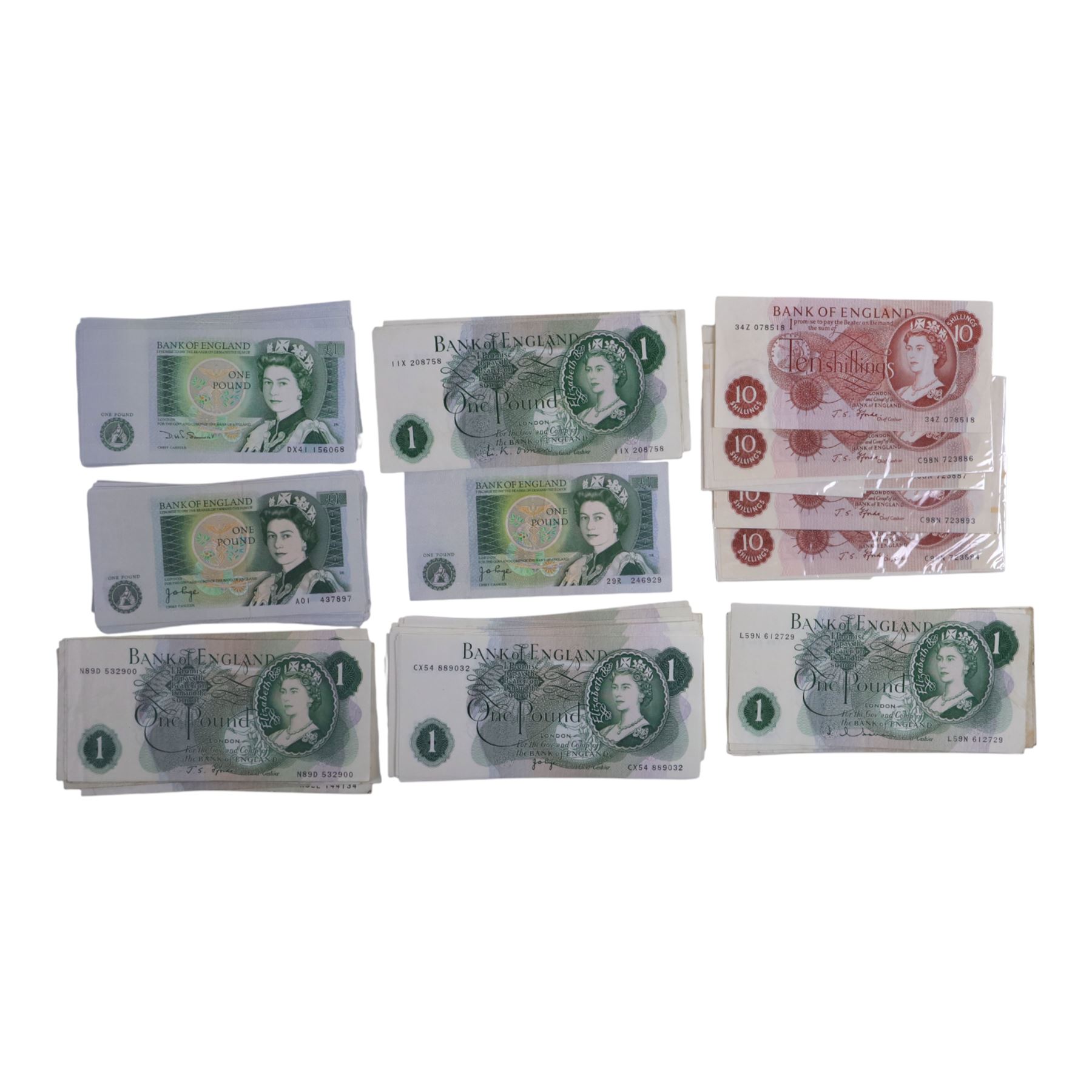 Large quantity of Queen Elizabeth II one pound notes, and five ten shilling notes