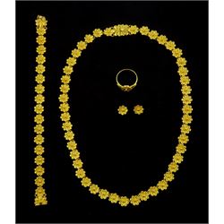 Greek 20ct gold Minoan floral design necklace, bracelet, pair of earrings and ring on suite by Lagoudera Jewellery, Santorini, approx 58.66gm