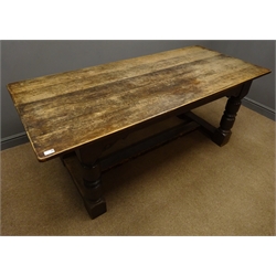  19th century oak refectory dining table, turned supports, joined by stretchers, 81cm x 185cm, H76cm  