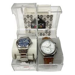 Swatch Irony chronograph stainless steel quartz wristwatch, on original tan leather strap and one other Irony quartz wristwatch, on stainless steel strap both boxed (2)