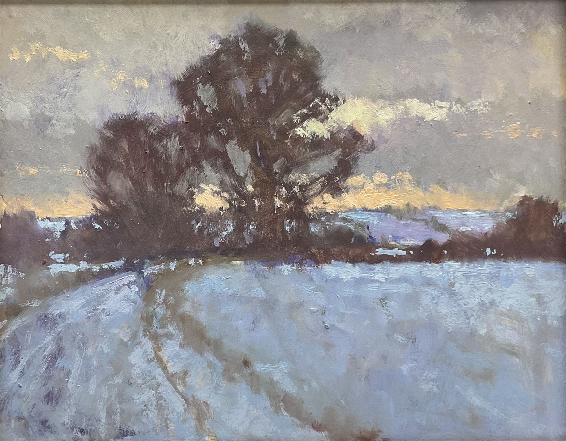 Oliver Warman RBA ROI (British 1932-2017): 'Evening' Winter Landscape, oil on board, signed and titled verso 23cm x 29cm
