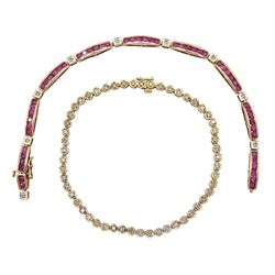  Gold diamond chip bracelet and a gold ruby and diamond chip bracelet, both 9ct