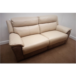  Three seat reclining sofa, upholstered in beige leather and light brown suede (W215cm) and a matching two seat sofa (W160cm) (This item is PAT tested - 5 day warranty from date of sale)  