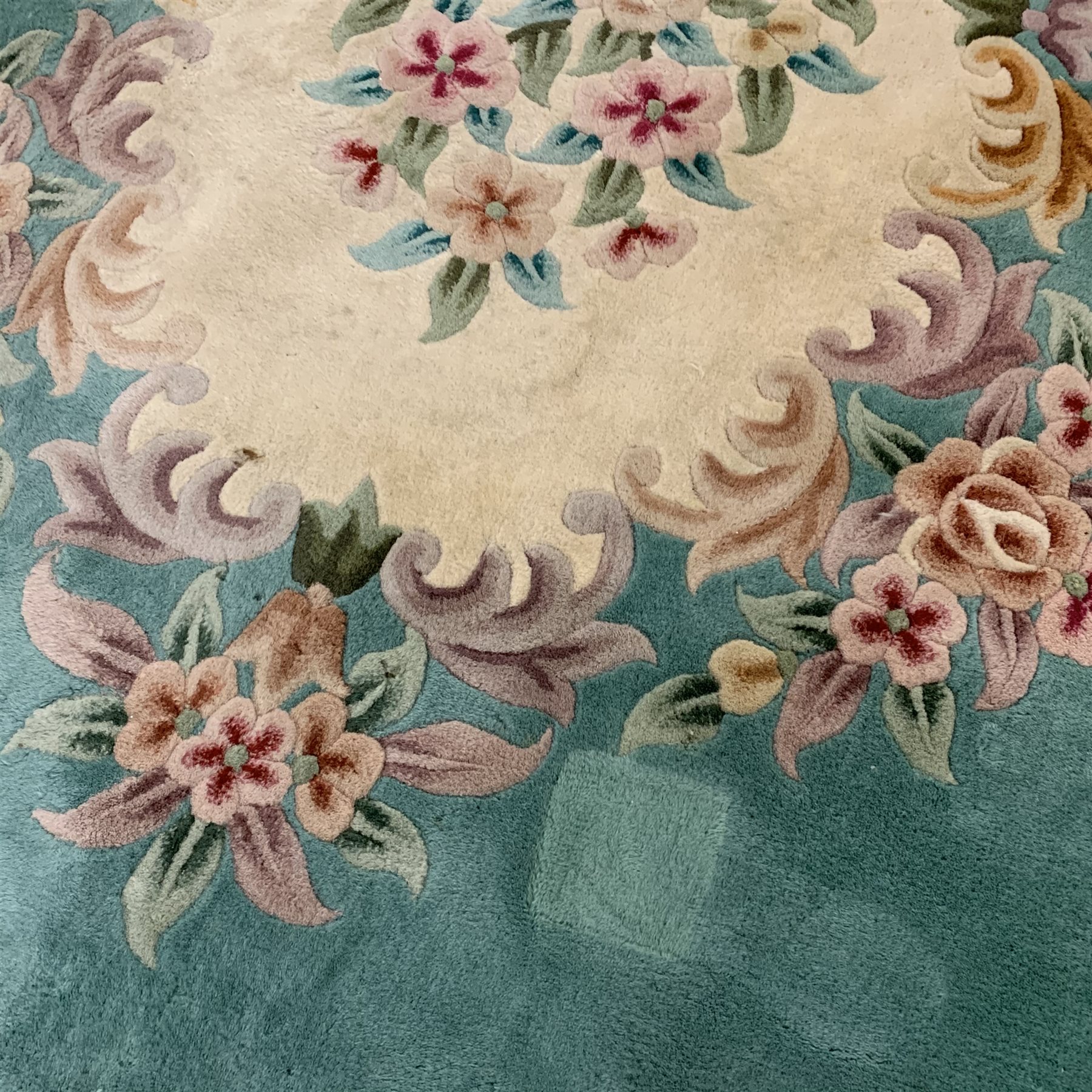 Large Chinese wash woollen turquoise ground rug carpet, 358cm x 255cm