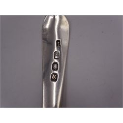 Five Irish silver spoons, comprising Old English pattern table spoon, hallmarked Dublin 1799, maker's mark JK, pair of George IV Fiddle pattern teaspoons, hallmarked James Scott, Dublin 1824 and two other Fiddle pattern teaspoons, the first example hallmarked Dublin 1837 and the second example hallmarked Dublin 1827, both maker's marks worn and indistinct, together with an early 20th century Britannia Standard silver teaspoon, with beaded scroll decoration and rattail bowl, hallmarked Thomas Bradbury & Sons, London 1903