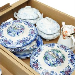 Collection of blue and white ceramics including pair of Asiatic Pheasant sauce tureens with covers and one ladle, four Royal Copenhagen place card holders and other items
