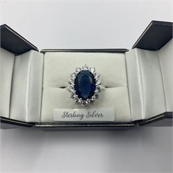 Silver blue oval cubic zirconia cluster ring, stamped 925, boxed 