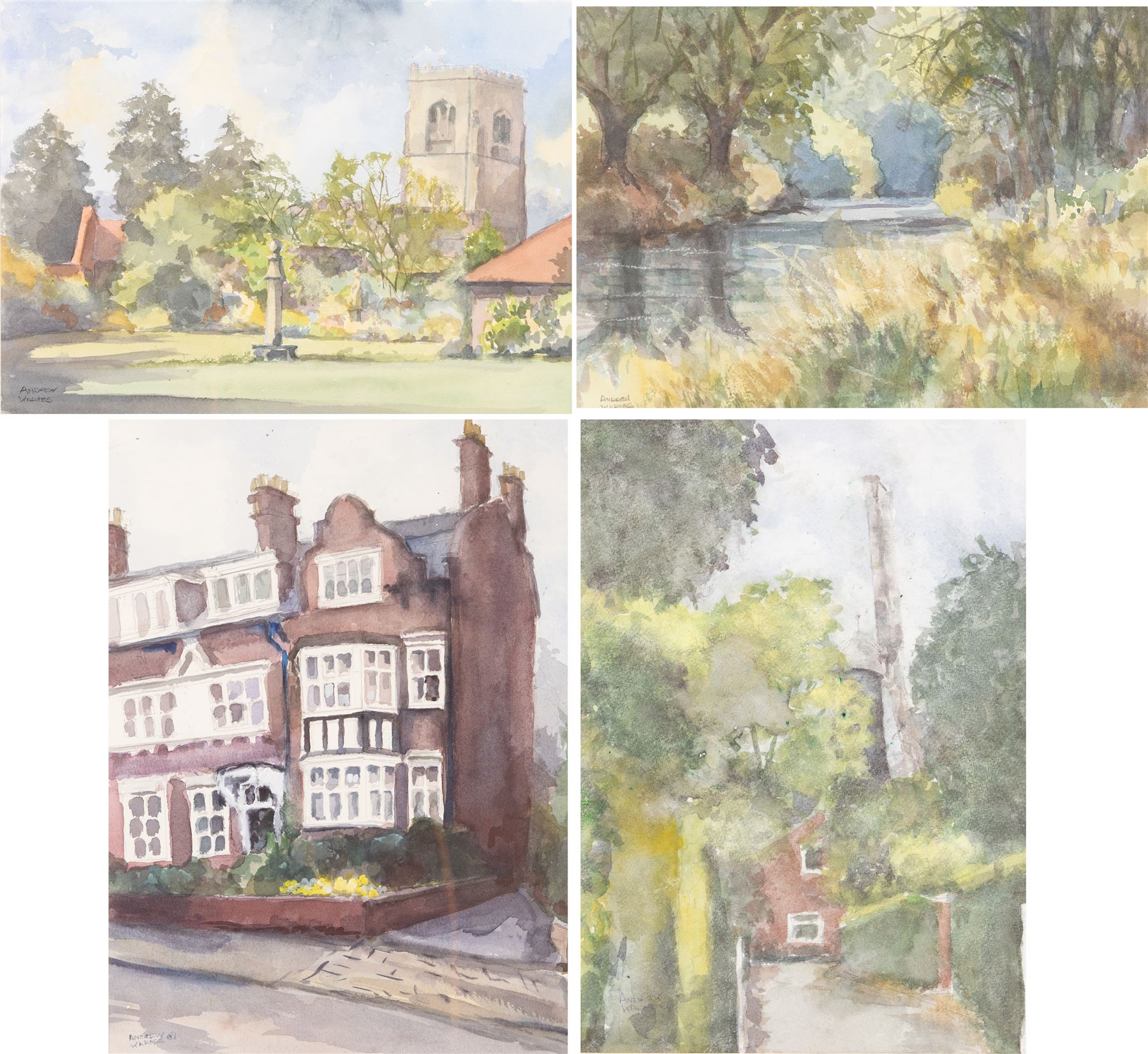 Andrew Warnes (East Riding 20th Century): 'Skidby Windmill' 'Burton Agnes Church' 'River Derwent' and another, set of four watercolours signed, mostly titled verso max 35cm x 25cm (4)