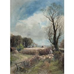 Henry Charles Fox RBA (British 1855-1929): Shepherd and his Flock, watercolour unsigned, attributed on mount 36cm x 27cm 