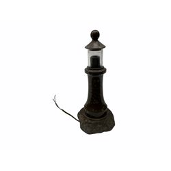 Cornish serpentine table lamp, modelled as a lighthouse, H26.5cm