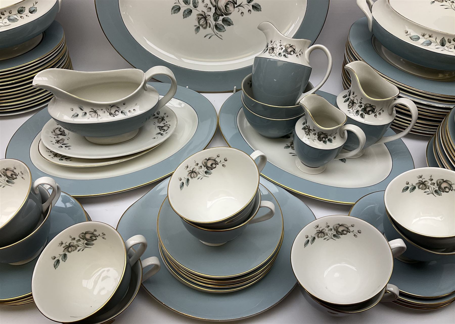 Royal Doulton Rose Elegans pattern tea and dinner wares, to include teapot, fourteen cups and saucers, two milk jug, cream jug, two sucriers, two covered serving dishes, serving platter, etc (98+)
