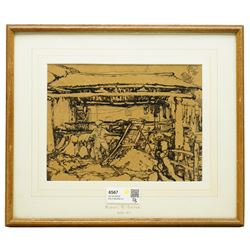 Rudolf Helmut Sauter (German 1895-1977): Barn Interior, ink on brown paper signed 22cm x 29cm