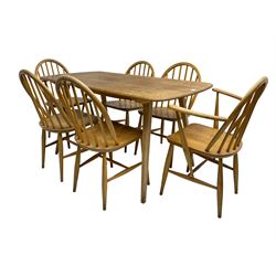 Lucian Ercolani for Ercol - Model 382 light elm and beech dining table, rectangular plank top raised on tapering supports, with set of six (4+2) light elm hoop and spindle back chairs