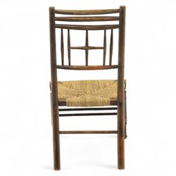 Ford Madox Brown, late 19th century Arts and Crafts child’s chair, with stained ash frame, triple curved top rails and turned spindle supports, the seat with woven rush, on turned legs united by front stretcher