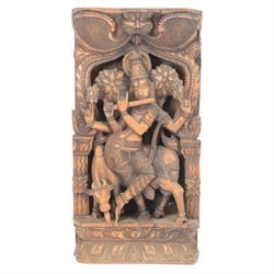 Pair of Japanese carved bamboo brush pots, each depicting a Samurai on horseback, together with an Indian wooden carved panel depicting the Hindu God Krishna, tallest H46cm